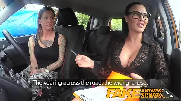 XXX Fake Driving School Sexy strap on fun for new big tits driver میگا ٹیوب