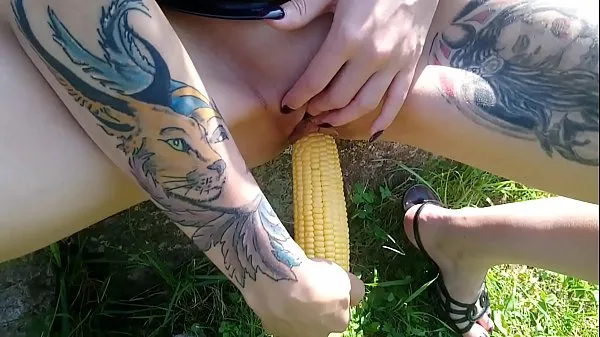XXX Lucy Ravenblood fucking pussy with corn in public mega Tube