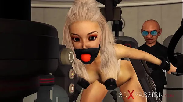 XXX BDSM club. Hot sexy ball gagged blonde in restraints gets fucked hard by crazy midget in the lab mega trubica