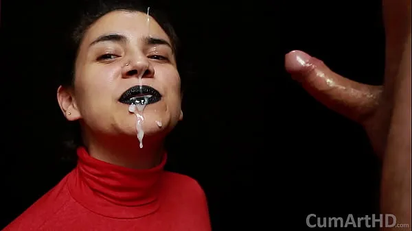 XXX Beautiful, artistic handjob, with lots of thick cum on her face, mouth & turtleneck หลอดเมกะ