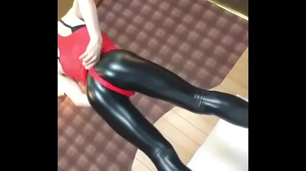 XXX no porn] Shiny Red Leotard and PU Leggings Sissy image clip ( dejavuメガチューブ