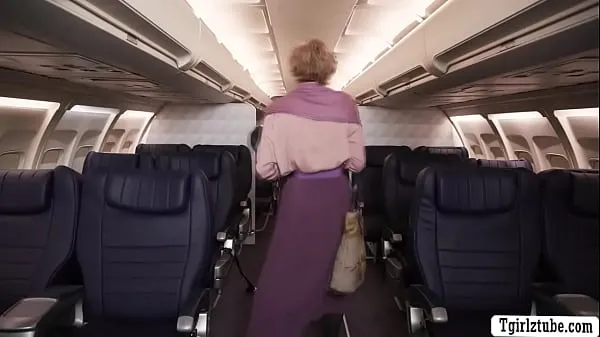 XXX TS flight attendant threesome sex with her passengers in plane megaputki